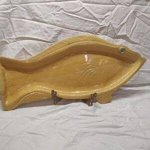 Signed 2002 Yellow Glazed Pottery Fish Platter With Blue/Green Eye. 20 in x 9 in